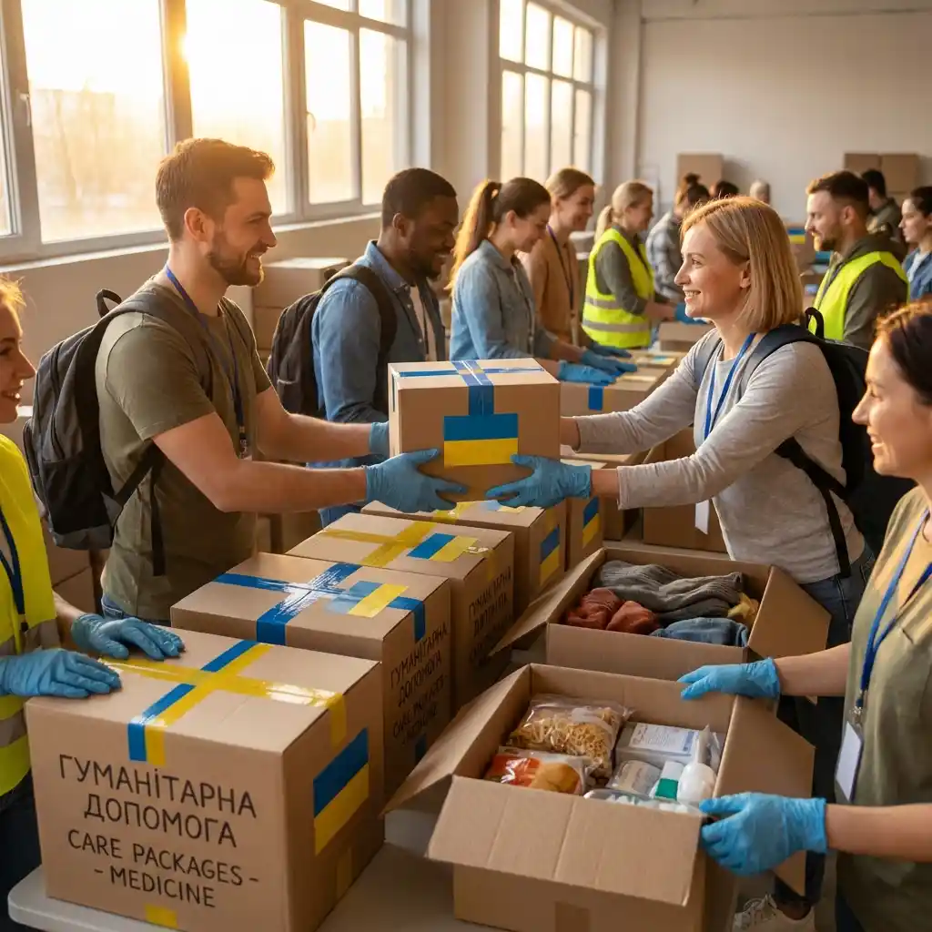 Volunteers distributing humanitarian aid boxes with Ukrainian flag