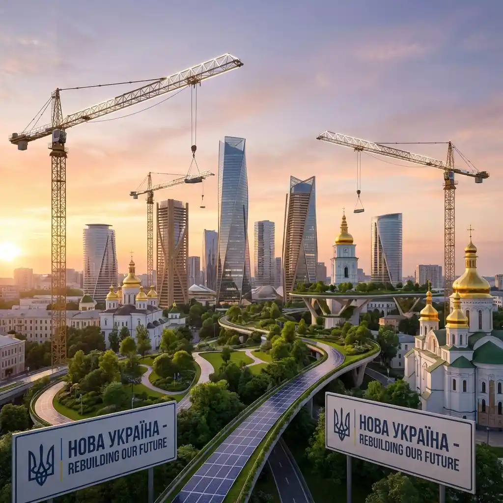 Futuristic vision of a rebuilt Ukraine with cranes and modern buildings